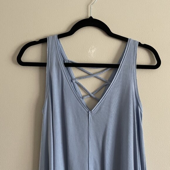 Lucky Brand Women S Sky Blue Ribbed Knit V-Neck Sandwash Lace-Up Back Swing Tank - Picture 5 of 11